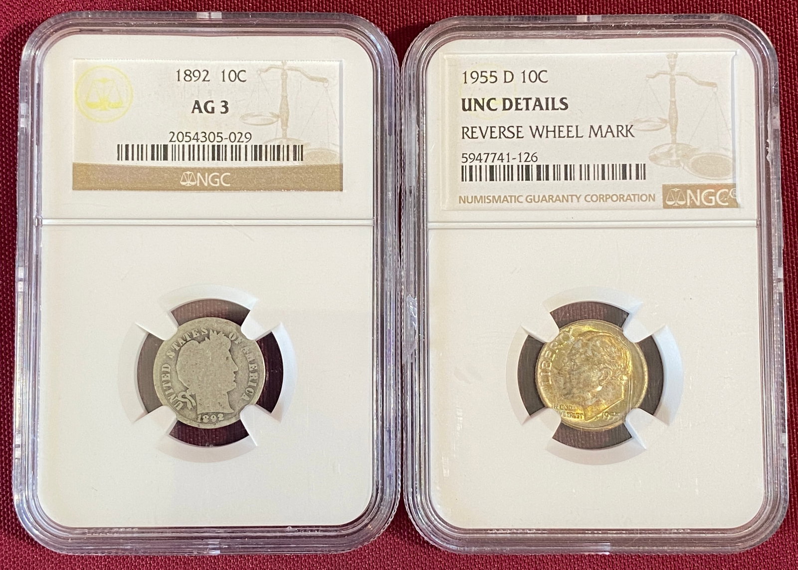 Two NGC Graded Silver Dimes - 1892 AG3 & 1955-D Reverse Wheel Mark Unc. Detail (1 of 4)