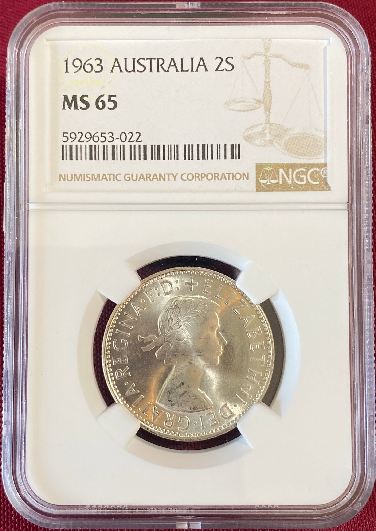 Graded 1963 Australia 2S Florin - MS65 by NGC: Graded 1963 Australia 2S Florin - MS65 by NGC