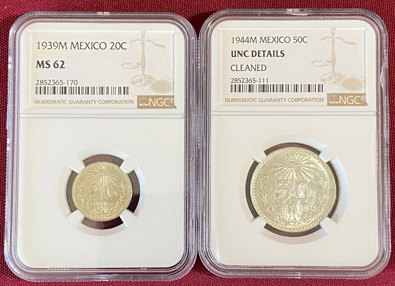 Two NGC Graded Mexico Silver Coins - 1939-M 20 Centavos MS62 & 1944-M 50 Centavos (Unc Details: Two NGC Graded Mexico Silver Coins - 1939-M 20 Centavos MS62 & 1944-M 50 Centavos (Unc Details Cleaned)