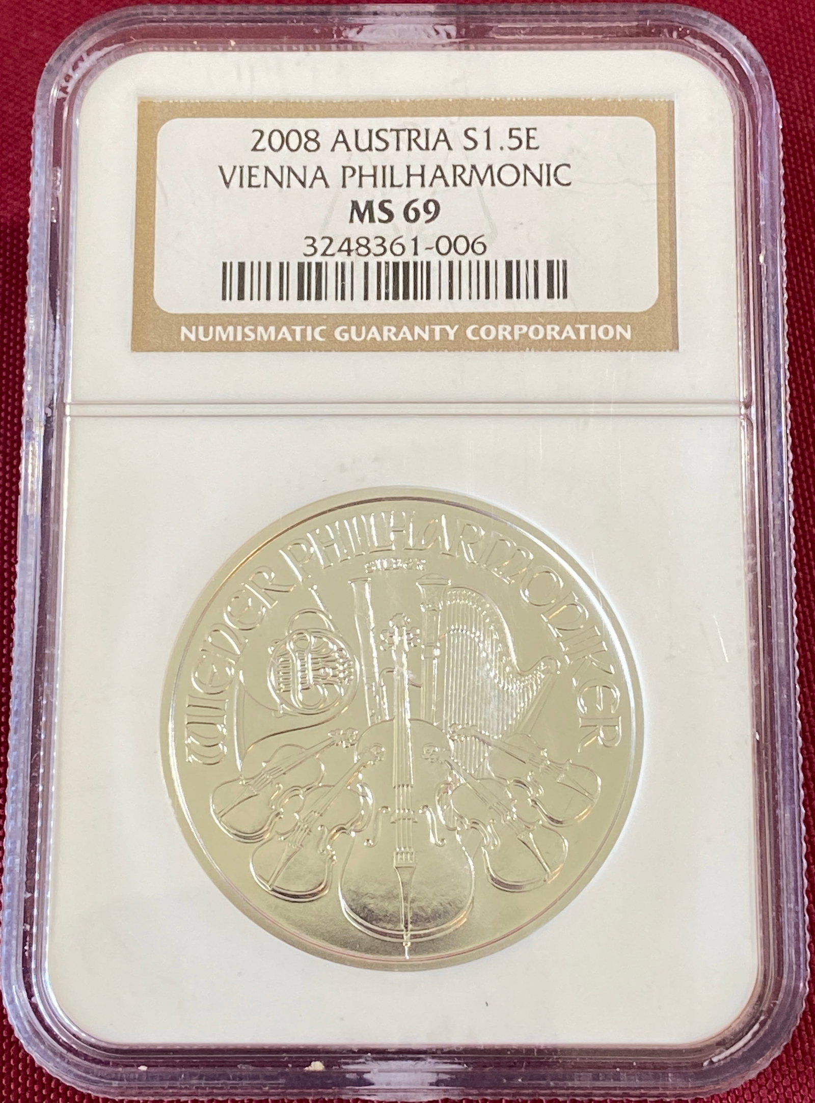 Graded 2008 Austria One Ounce .999 Fine Silver 1.5 Euro - Vienna Philharmonic - MS69 by NGC (1 of 3)
