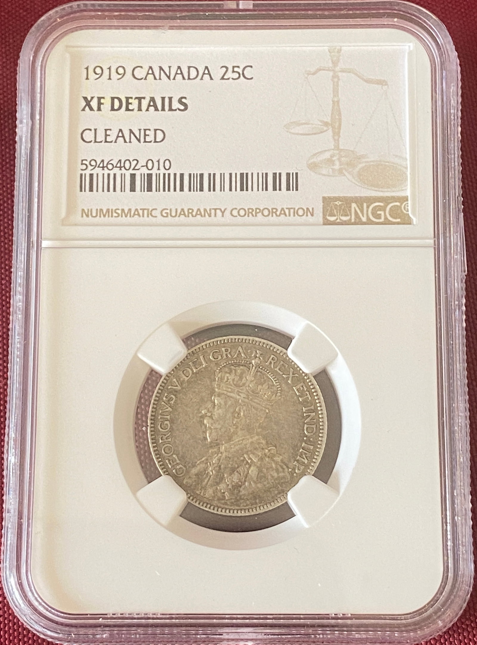 Graded 1919 Canada Silver Quarter - Cleaned XF Details by NGC (1 of 3)