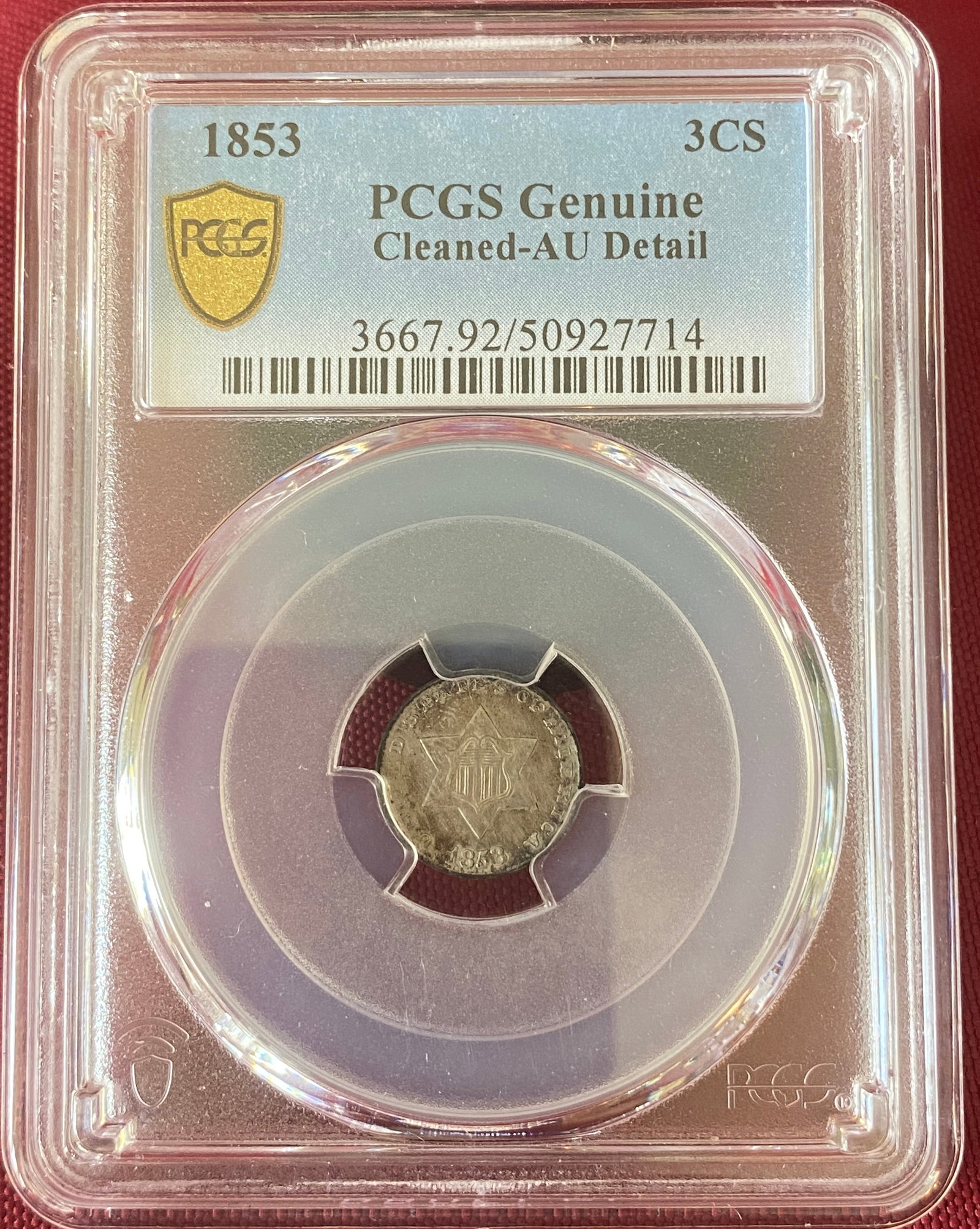 Graded 1853 Silver 3 Cent Coin - Cleaned - Genuine AU Details by PCGS (1 of 3)