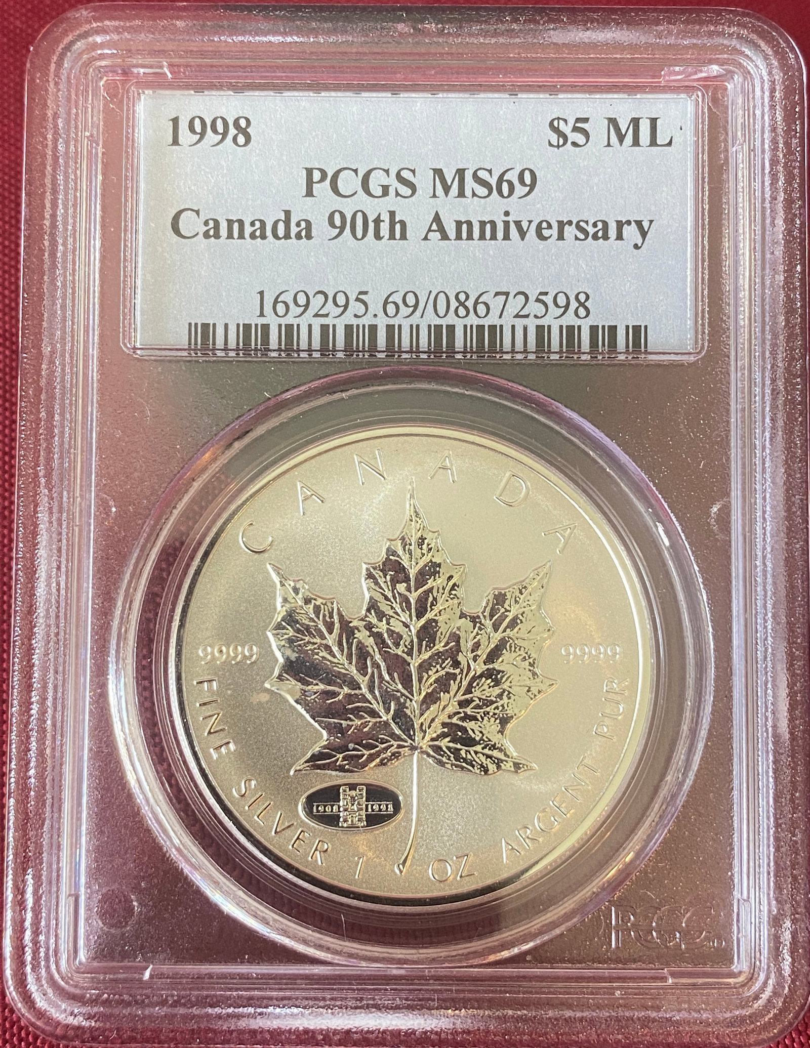 Graded 1998 Canada One Ounce .999 Fine Silver 5 Dollar Coin - Maple Leaf w/90th Anniversary Privy -: Graded 1998 Canada One Ounce .999 Fine Silver 5 Dollar Coin - Maple Leaf w/90th Anniversary Privy - MS69 by PCGS