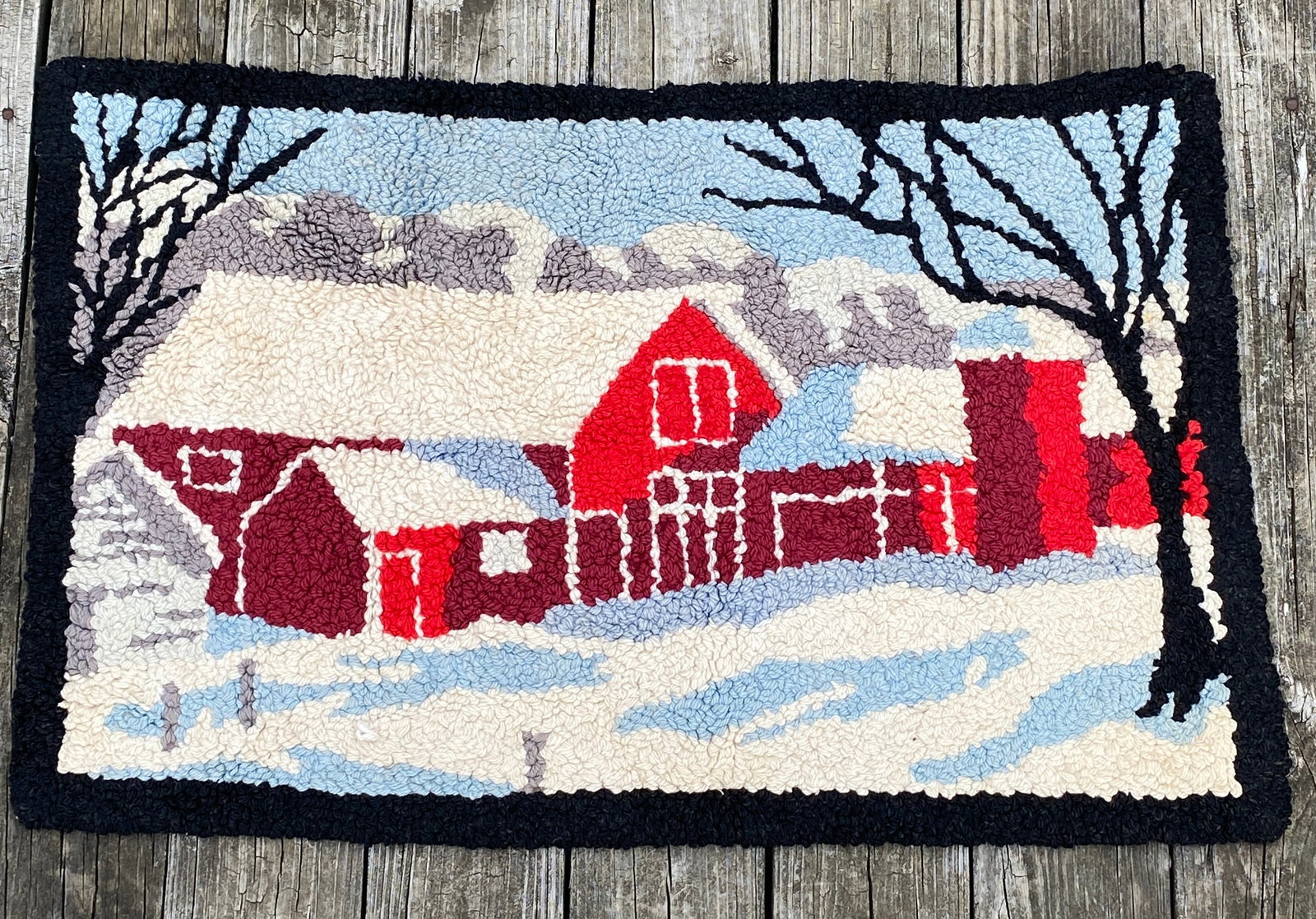 Older Hooked Rug of Barn in Winter Scene - 35"x23.5" (1 of 5)