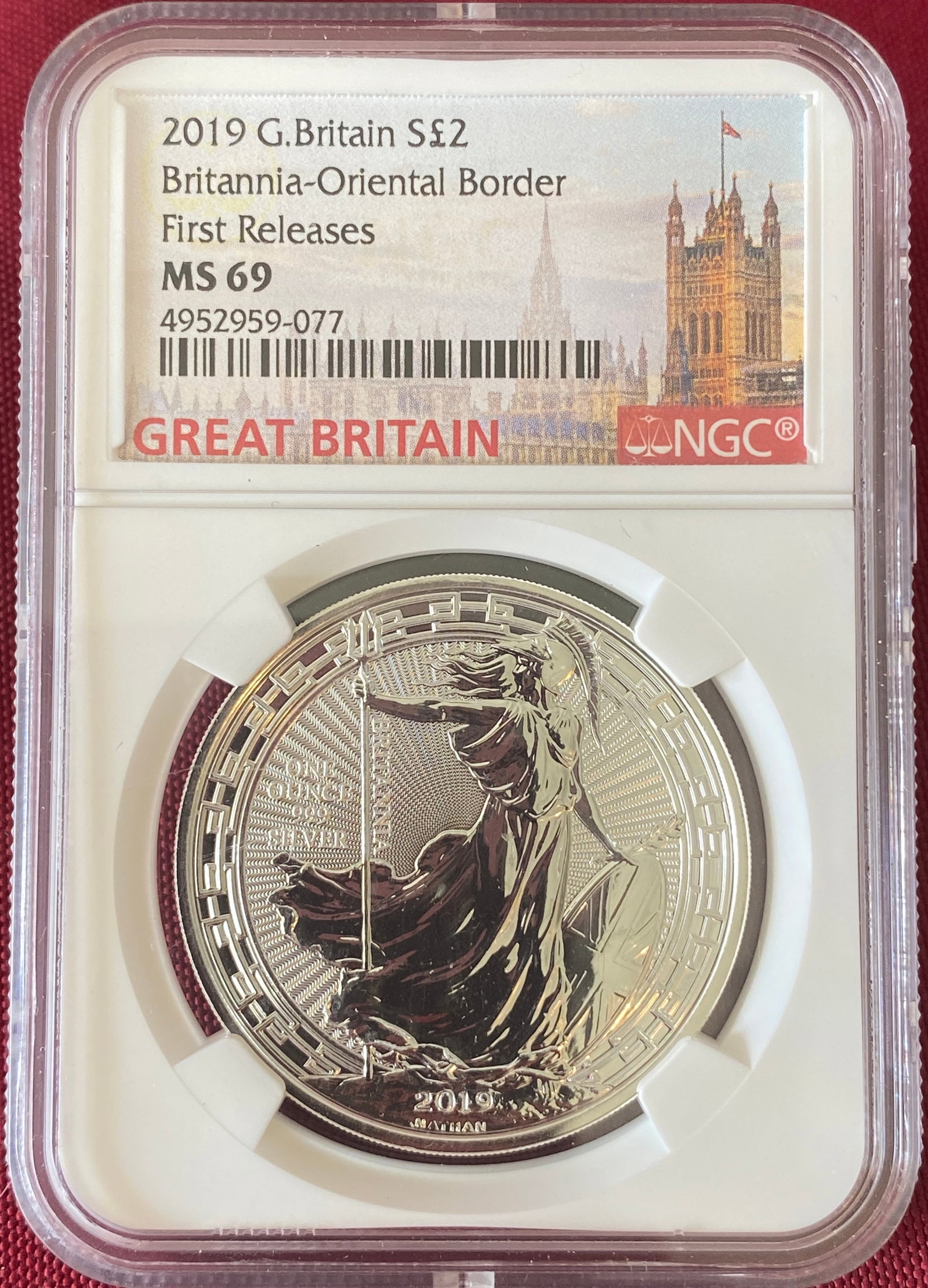 Graded 2019 G. Britian One Ounce .999 Fine Silver 2-Pound Coin - Britannia-Oriental Border - First (1 of 3)