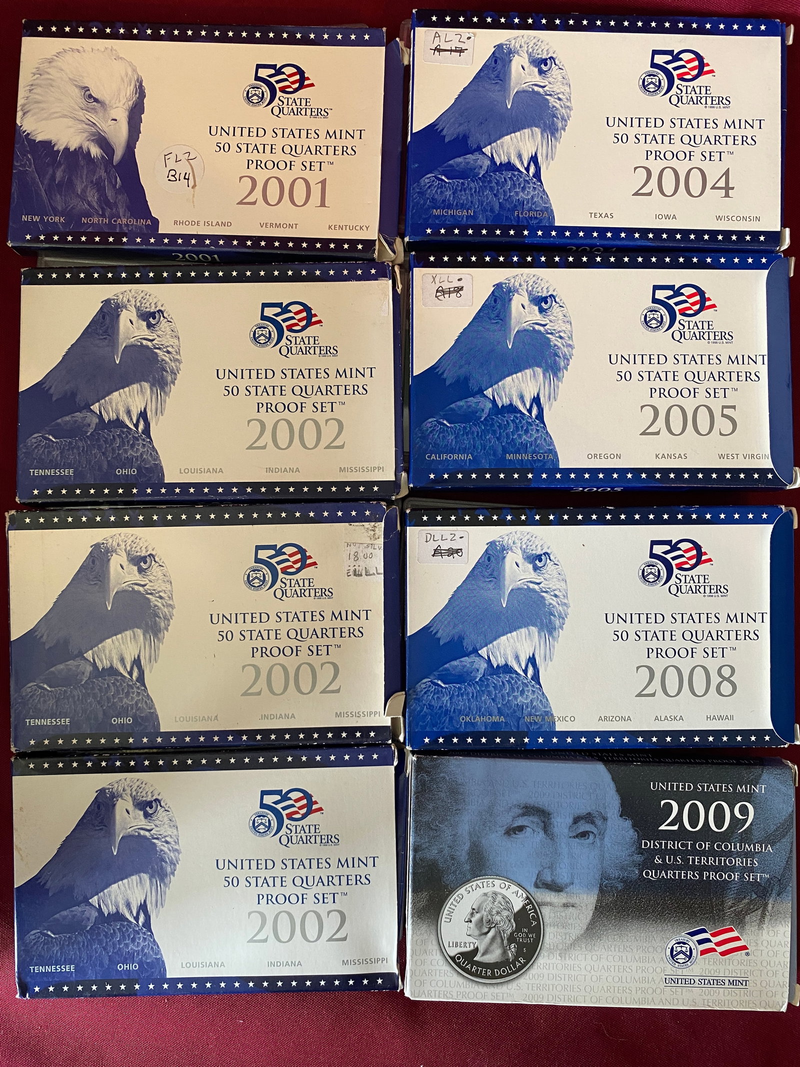 Eight U.S. Mint State/Territories Quarter Proof Sets - 2001, (3) 2002, 2004, 2005, 2008, 2009 (1 of 4)