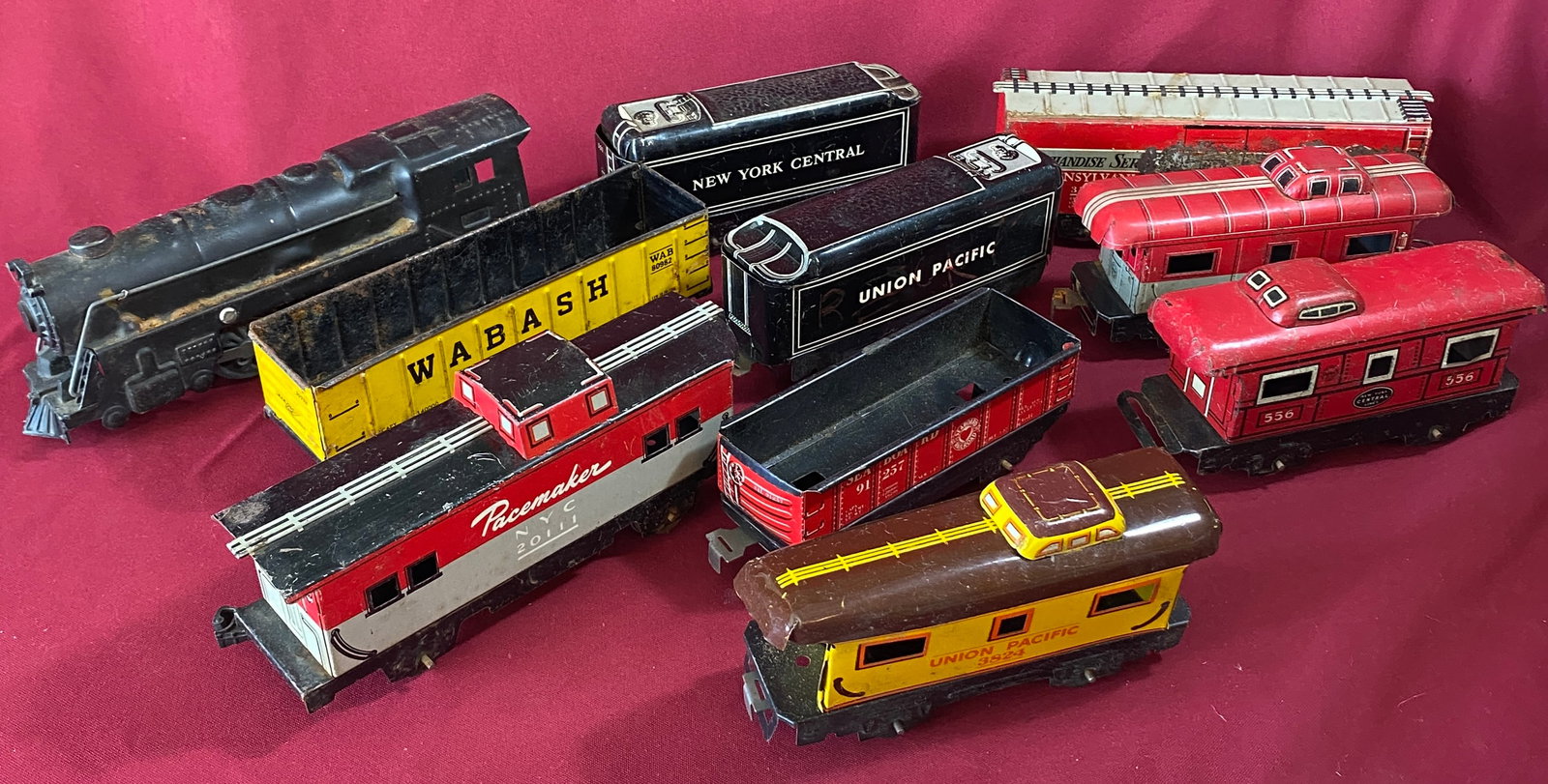 Ten Tin-Litho Toy Trains and Train Cars (1 of 6)