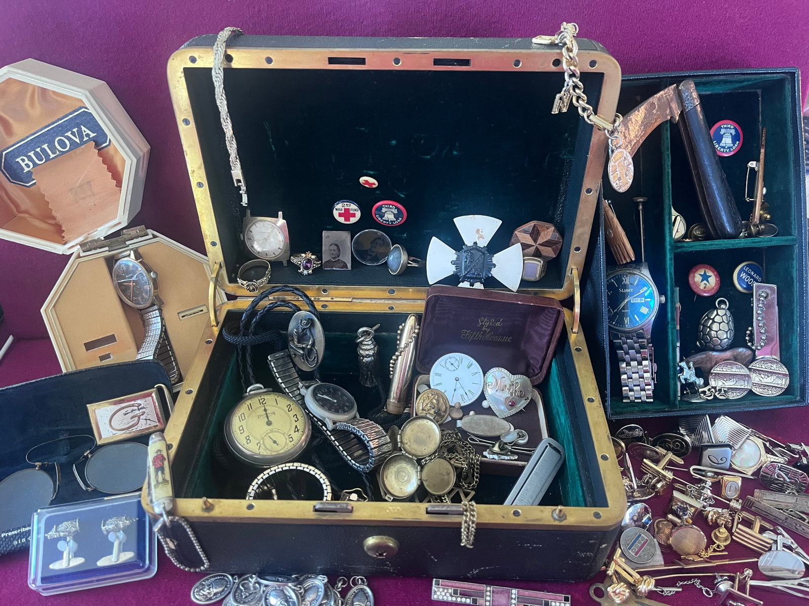 Vanity Box Full of Cufflinks (Some Matching), Watches, Gem Tintype, Pocketknives, Religious Charms,: Vanity Box Full of Cufflinks (Some Matching), Watches, Gem Tintype, Pocketknives, Religious Charms, Pinbacks, Tie Tacks, Glasses, and More