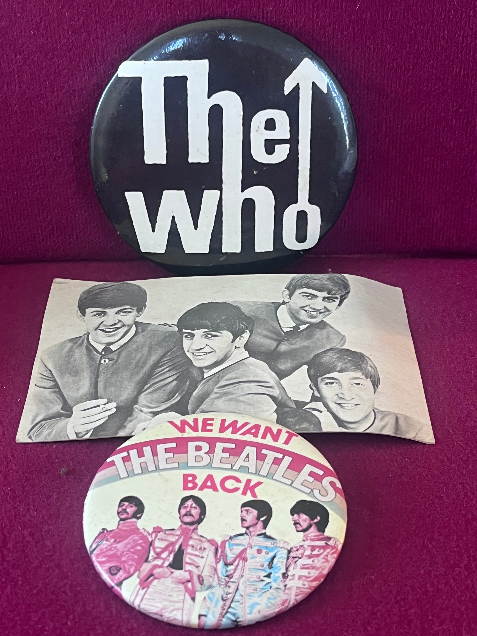 Beatles & The Who Memorabilia - Buttons and Card: Beatles & The Who Memorabilia - Buttons and Card