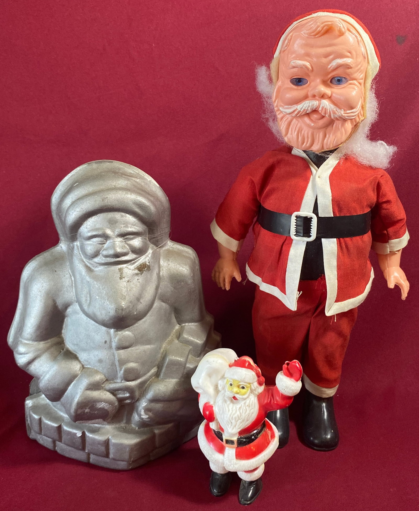 Three Vintage Santa Clauses - Aluminum Nordicware Cake Mold, Doll, and Plastic Doll: Three Vintage Santa Clauses - Aluminum Nordicware Cake Mold, Doll, and Plastic Doll