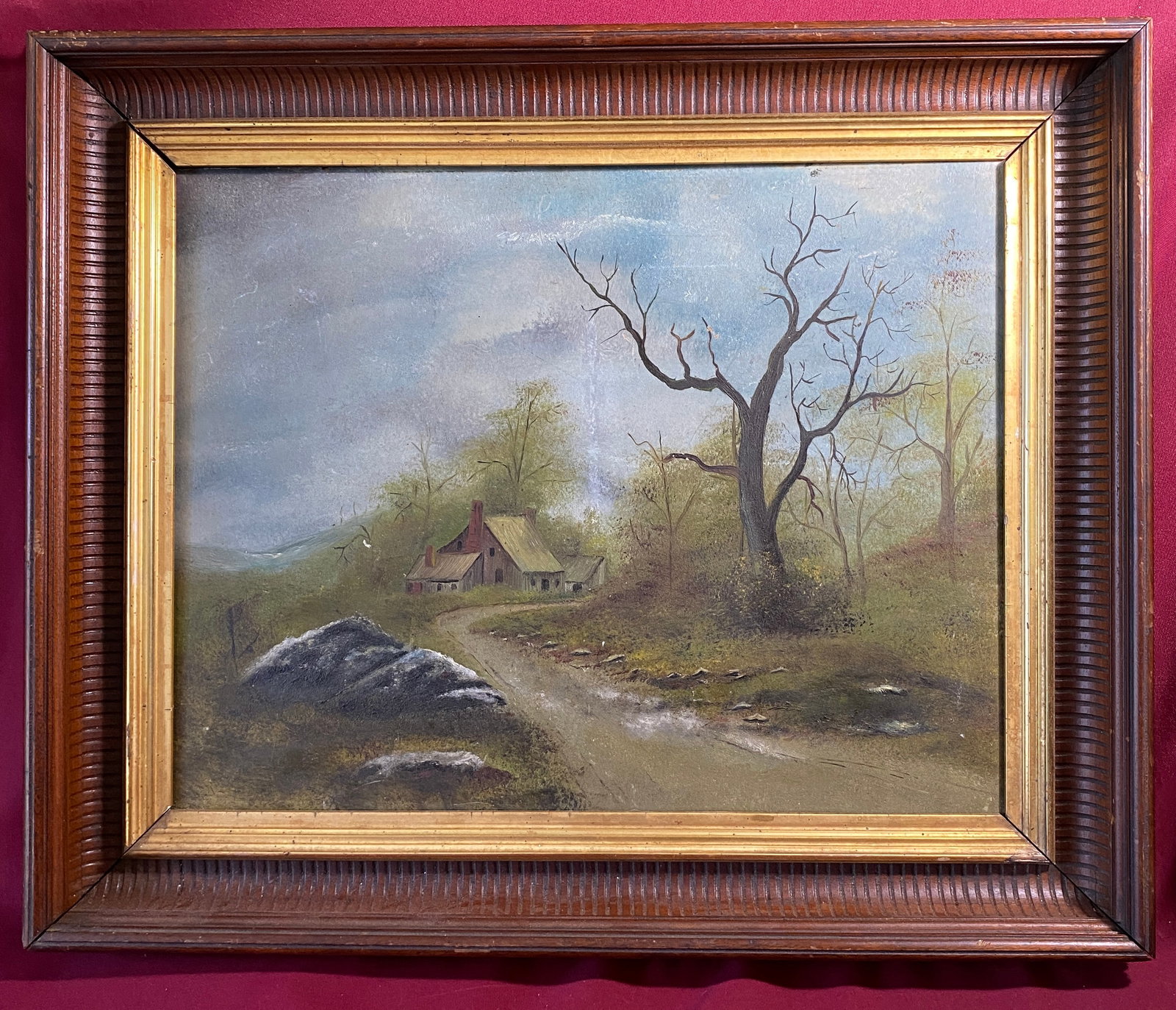 Framed Oil on Board Painting of Old Homestead and Landscape - Unsigned - Overall 23"x19" -: Framed Oil on Board Painting of Old Homestead and Landscape - Unsigned - Overall 23"x19" - Absolutely No Shipping