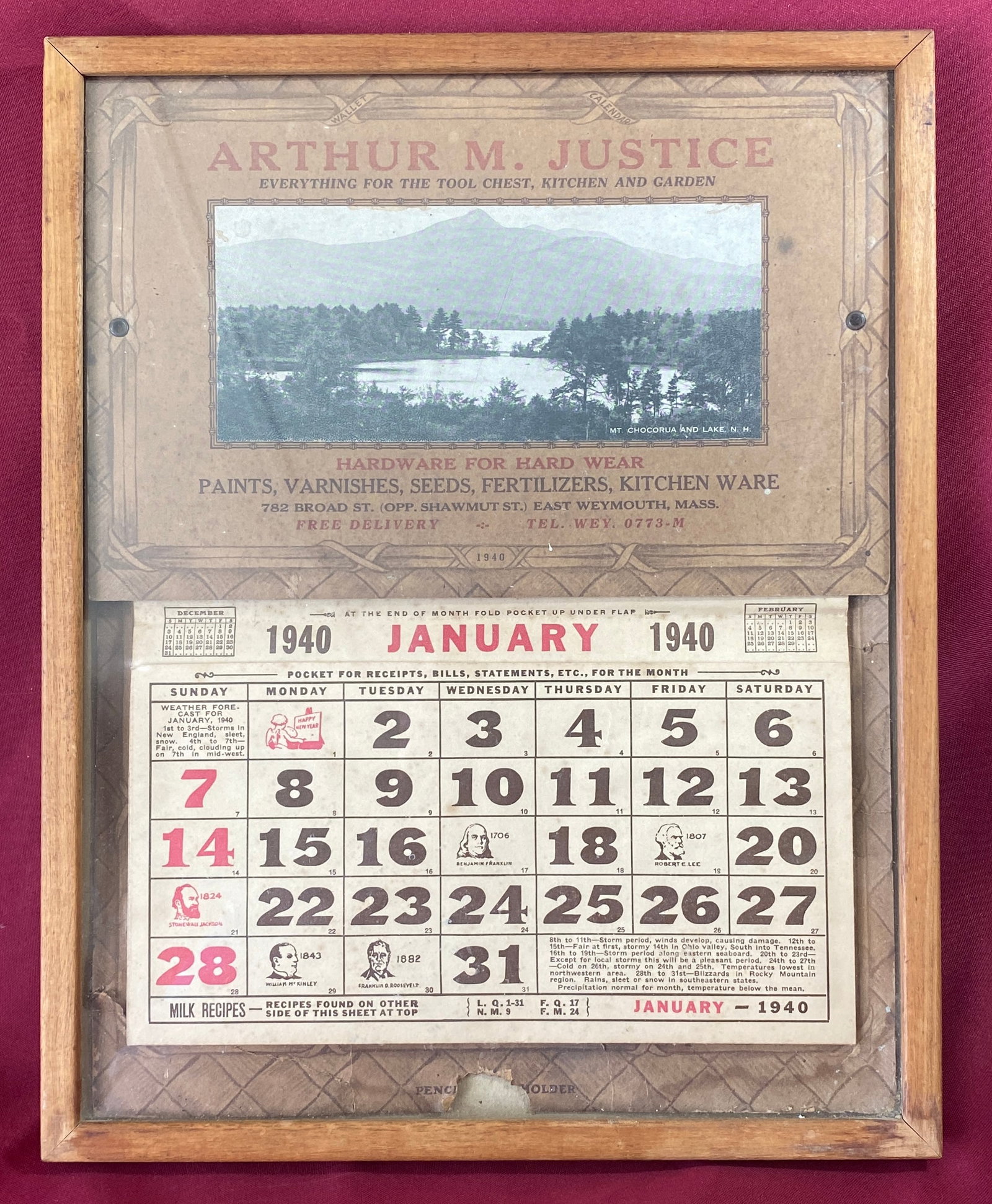 Arthur M. Justice 'Hardware for Hard Wear' 1940s Framed Advertising Calendar (1 of 7)
