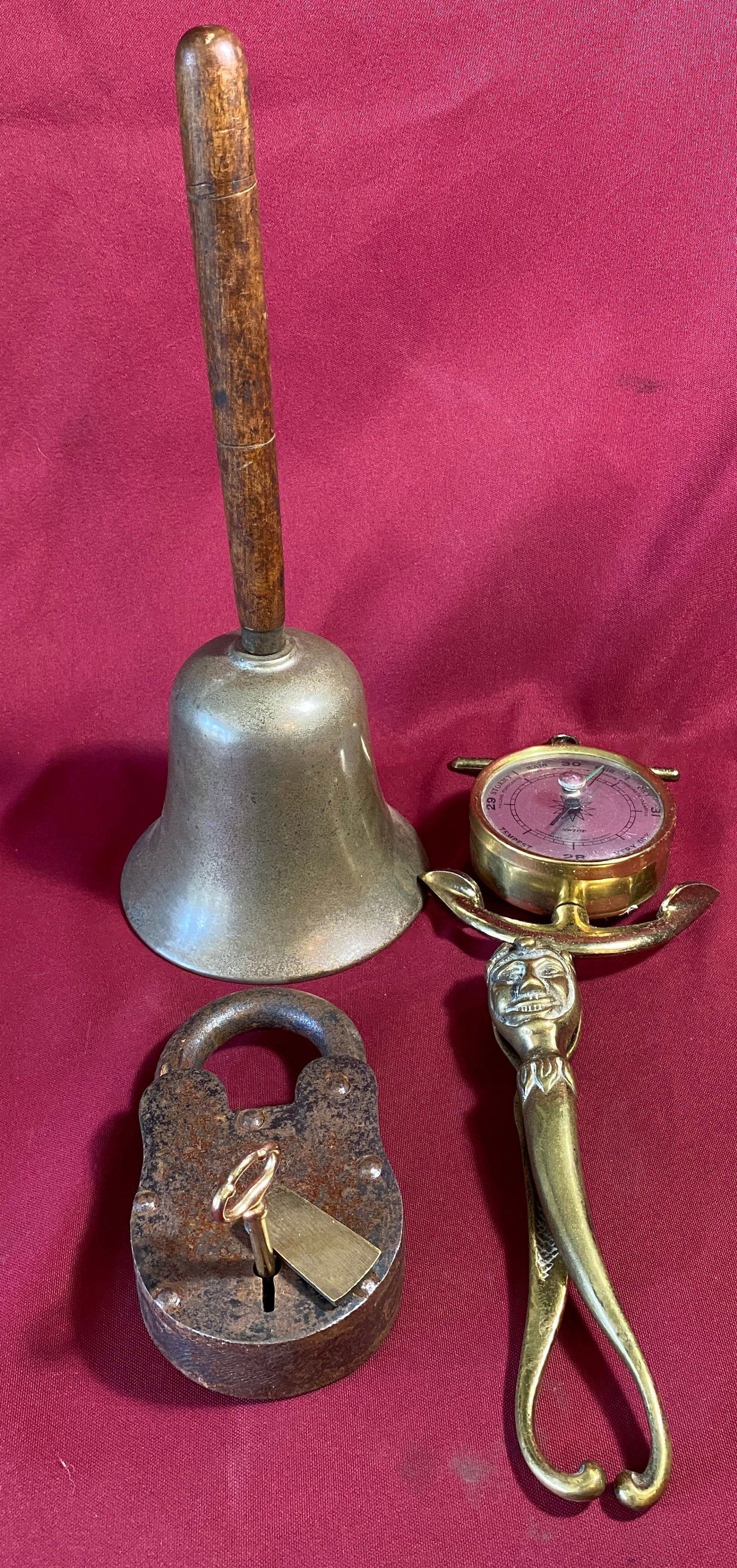 Older Cast Iron Padlock, Brass Nutcracker, Brass Nautical Barometer, Large Handbell with Clacker (1 of 8)