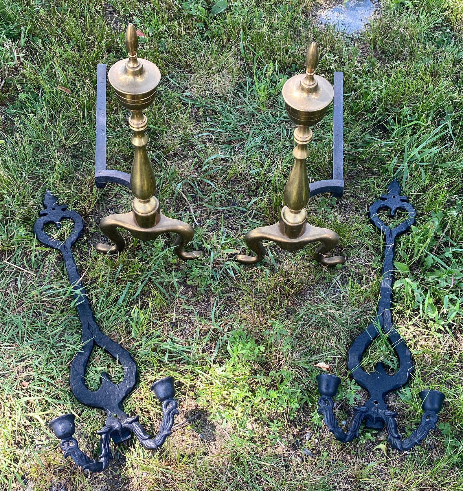 Pair of Older Andirons (21"T) and Pair of Cast Iron Candle Holders - Absolutely No Shipping (1 of 8)