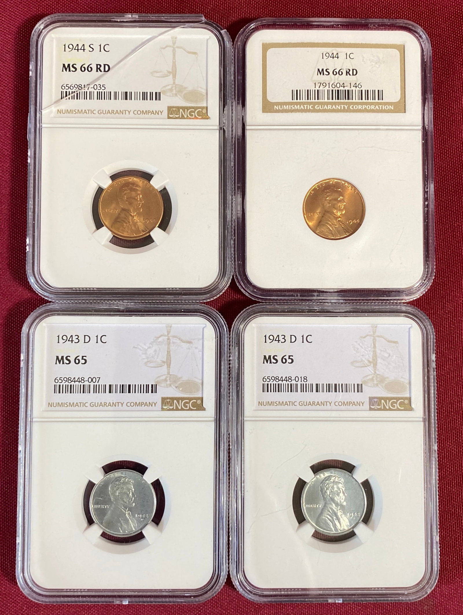 Four NGC Graded Lincoln Cents - (2) 1943-D MS65, 1944 MS66RD, 1944-S MS66RD (1 of 6)