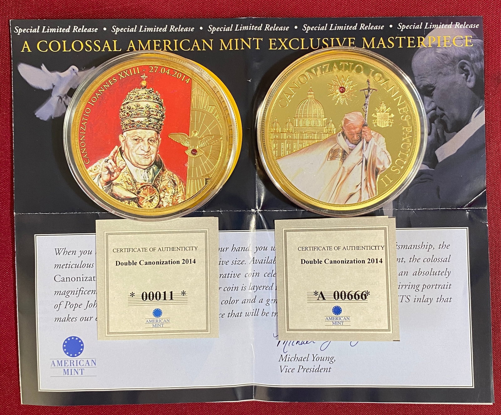 Two Large Double Canonization Medals - John Paul II and John XXIII - Layered with 24K Gold - (1 of 8)