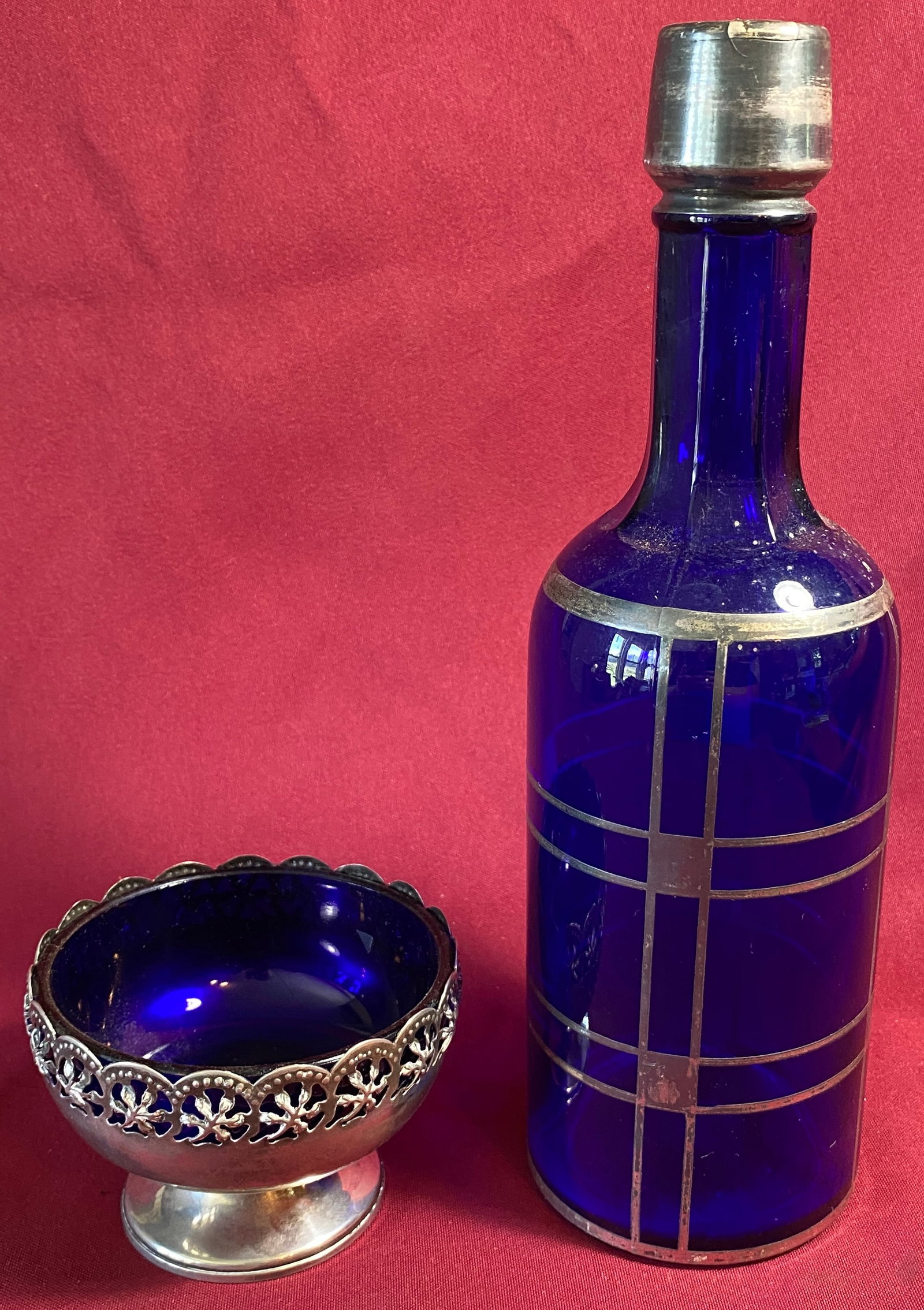 Cobalt Blue Bottle with Overlay and Silver-Plate Bowl with Cobalt Blue Insert (1 of 8)