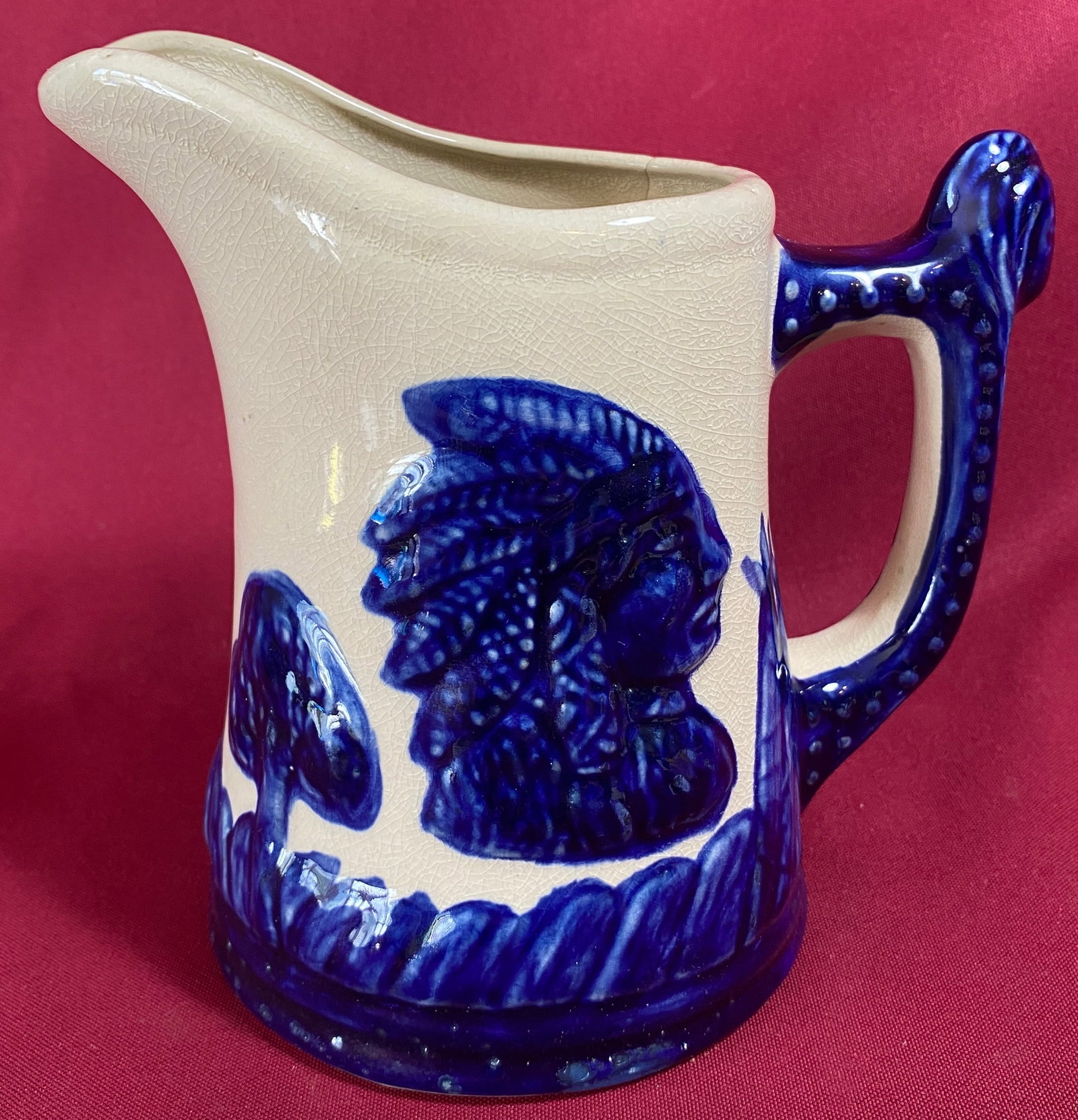 Old Sleepy Eye Pottery Pitcher with Blue Relief & Native American 3-D Chief (1 of 11)