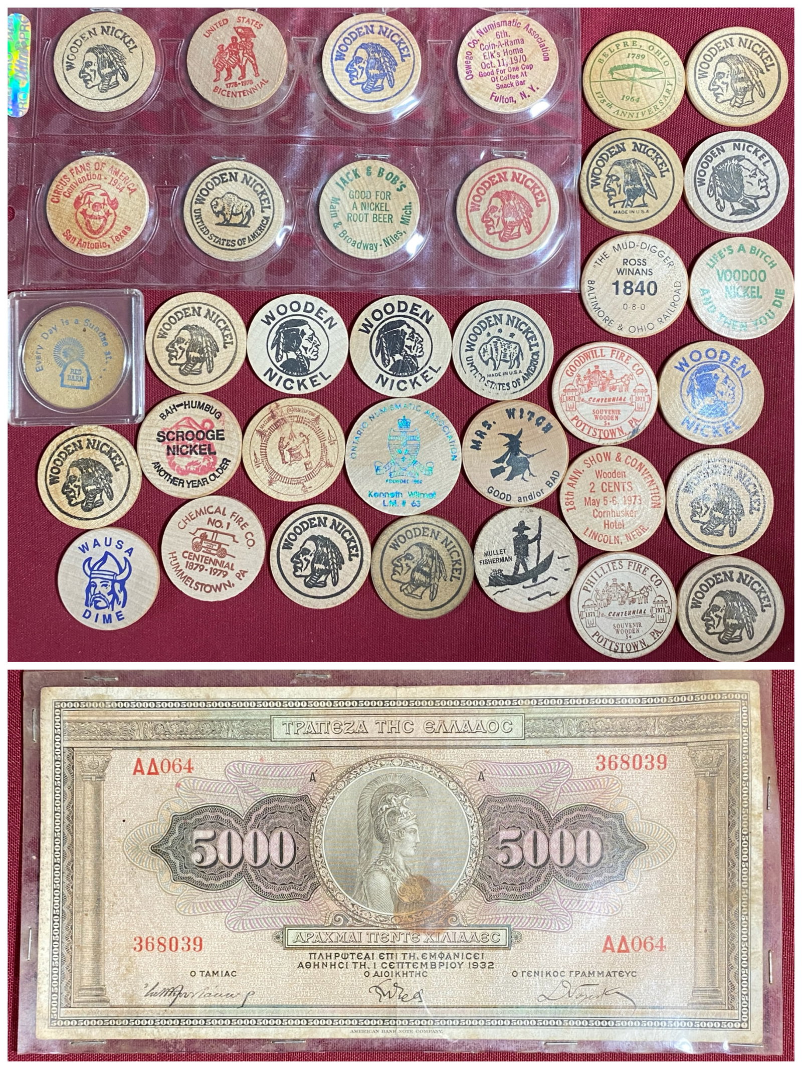 Collection of Older Wooden Nickels & 1932 5000 Drachmai Greece Bank Note (1 of 9)