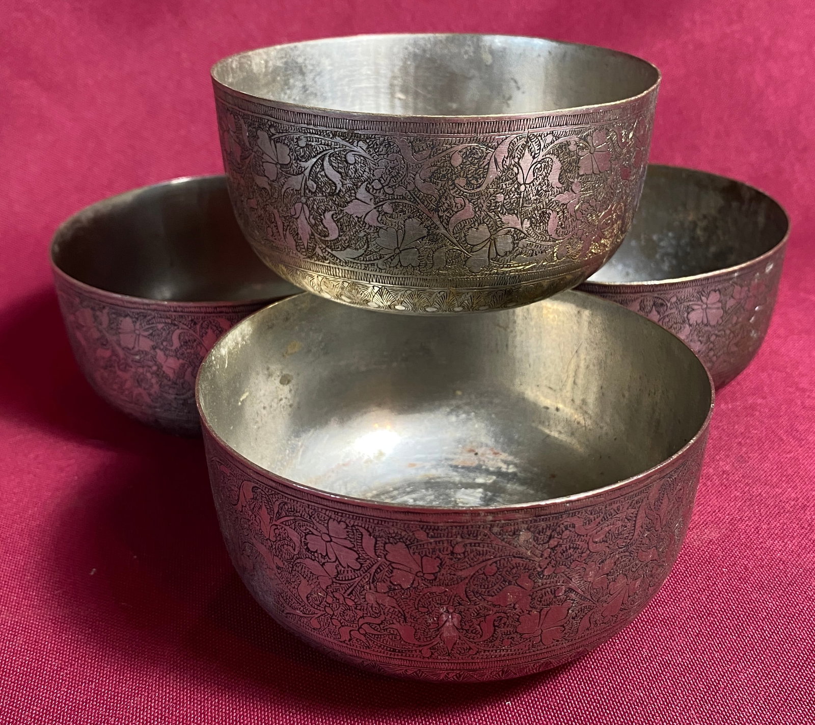 Four Ornate Etched Matching Bowls: Four Ornate Etched Matching Bowls