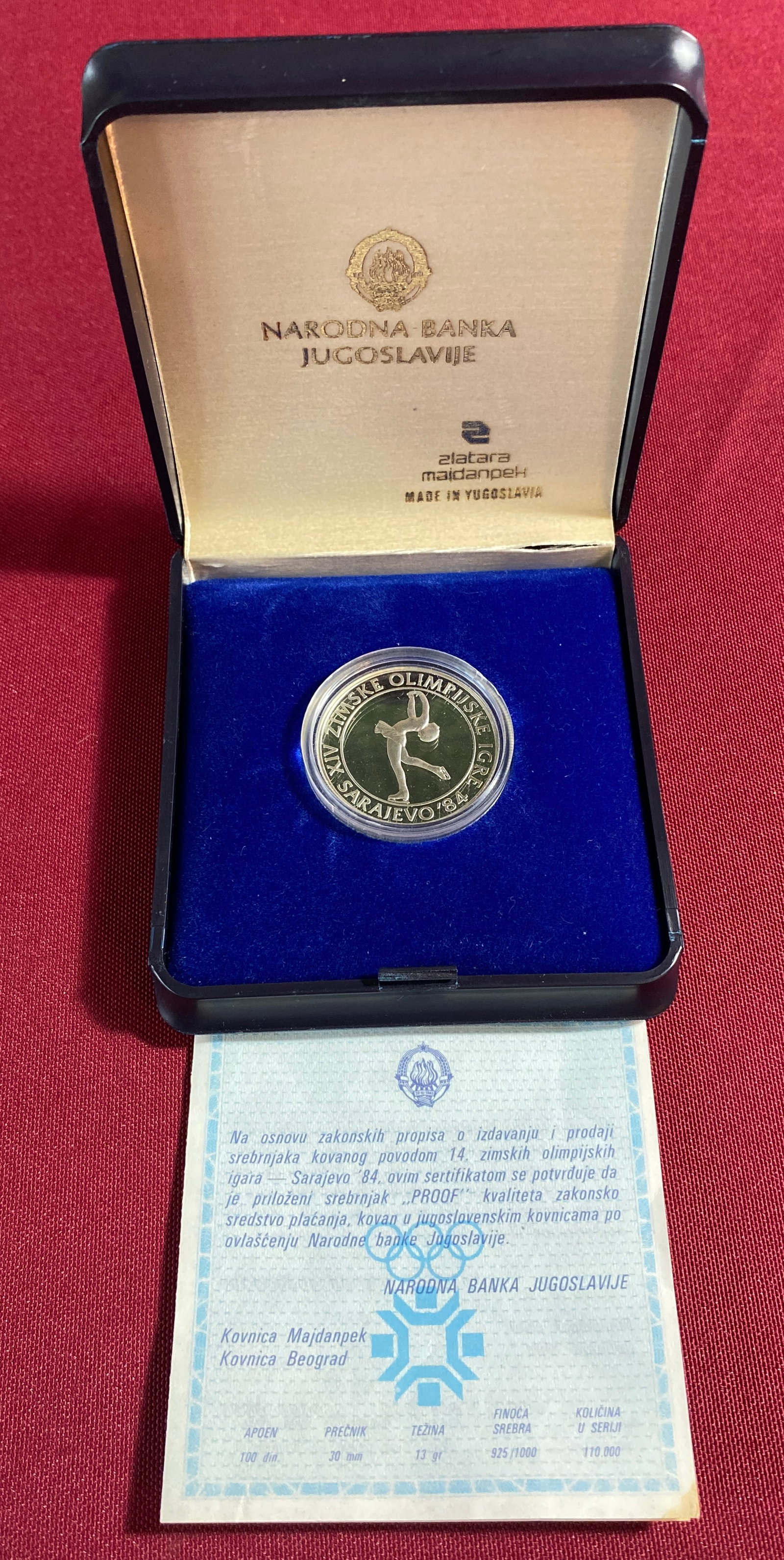 1984 Sarajevo XIV Olympic 'Yugoslavia' 100 Dinara Silver Coin: 1984 Sarajevo XIV Olympic 'Yugoslavia' 100 Dinara Silver Coin