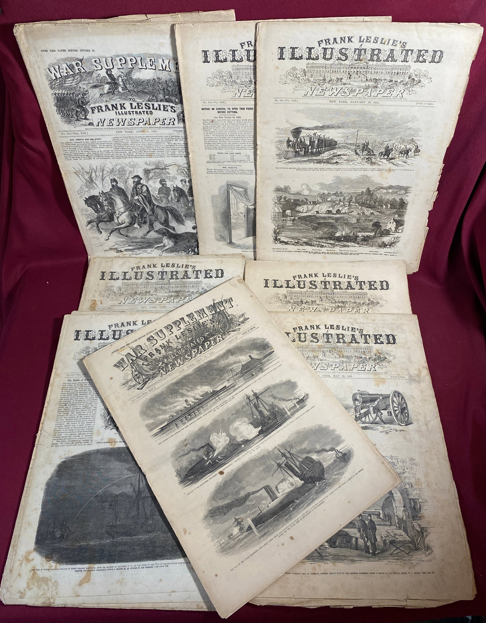 Eight 1862 Frank Leslie's Illustrated Civil War Era Newspapers & War Supplements - Mentions of (1 of 11)