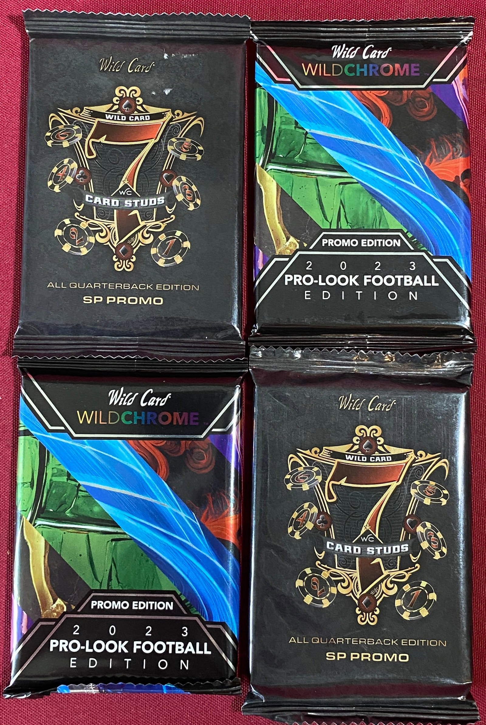 Four Wild Card Football Cards in Packages - (2) 2023 WildChrome Pro-Look Edition & (2) Card Studs: Four Wild Card Football Cards in Packages - (2) 2023 WildChrome Pro-Look Edition & (2) Card Studs All Quarterback Edition SP Promo