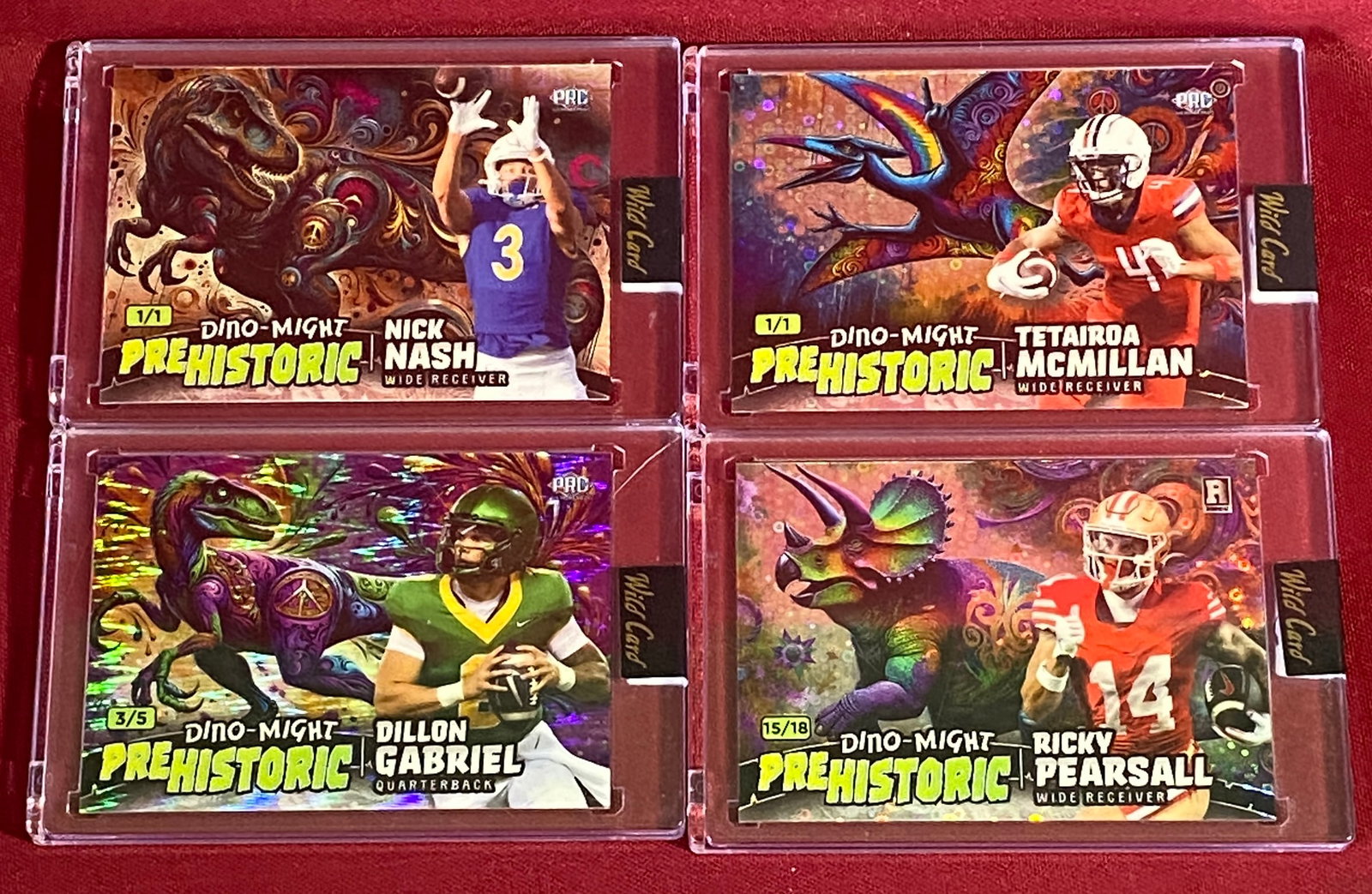 Four 2024 Wild Card Alumination Dino-Might Pre-Historic Football Cards - Nick Nash #PHTRX3-NN,: Four 2024 Wild Card Alumination Dino-Might Pre-Historic Football Cards - Nick Nash #PHTRX3-NN, Dillon Gabriel #PHRAP3-DG, Ricky Pearsall #PHTRI1-RP, Tetairoa McMillan #PHPTE2-TM