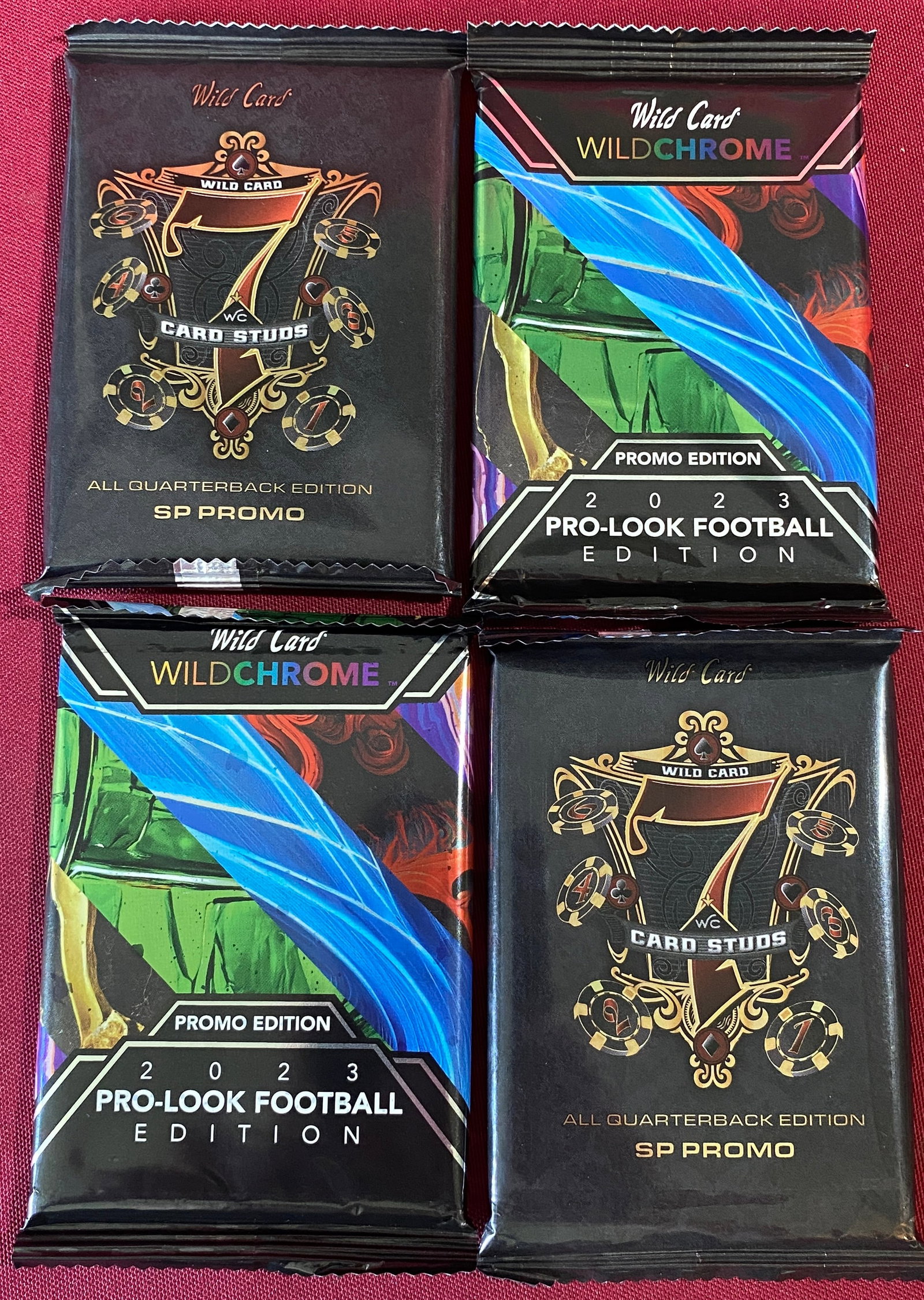 Four Wild Card Football Cards in Packages - (2) 2023 WildChrome Pro-Look Edition & (2) Card Studs: Four Wild Card Football Cards in Packages - (2) 2023 WildChrome Pro-Look Edition & (2) Card Studs All Quarterback Edition SP Promo