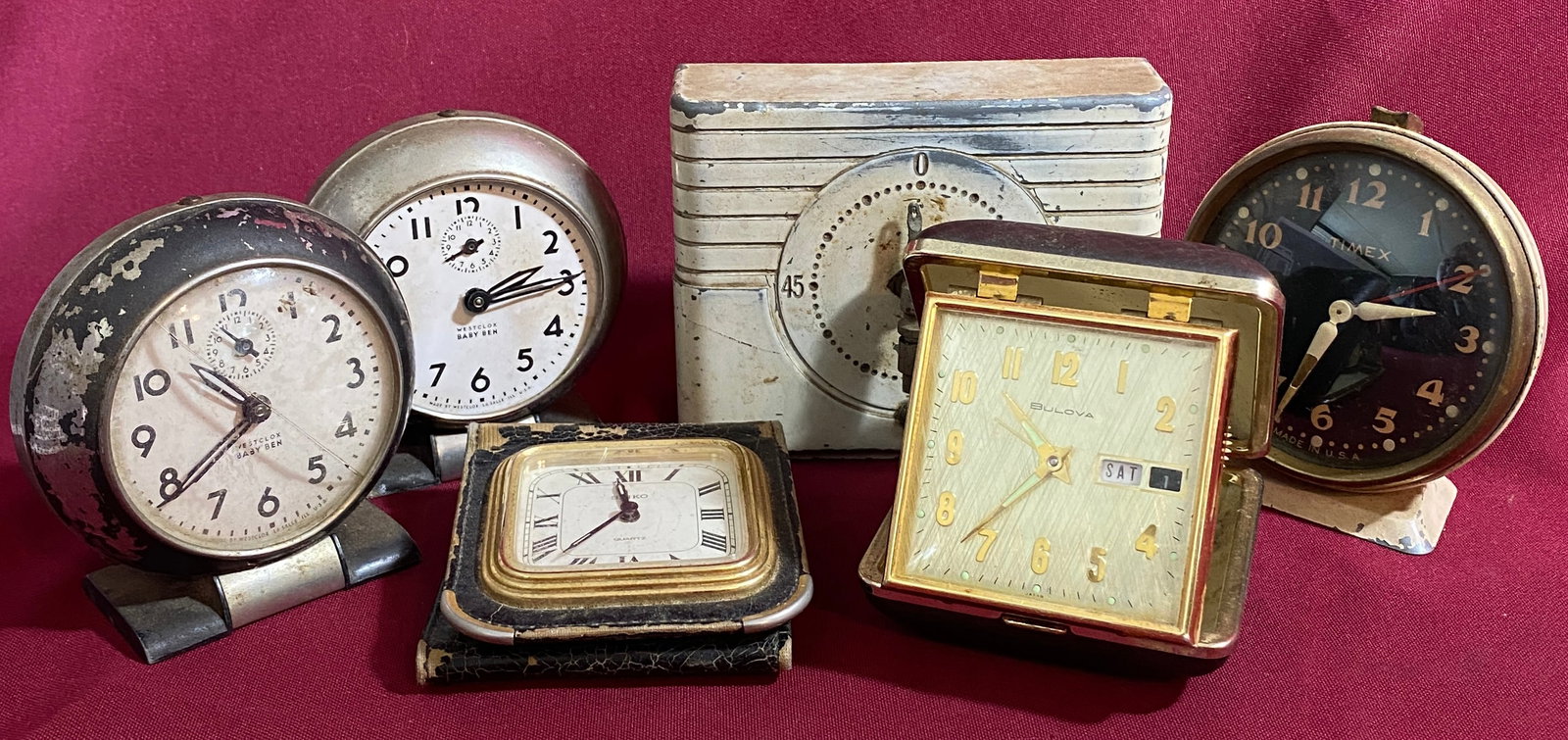 Five Older Alarm Clocks - Bulova Travel Clock, Timex, (2) Westclox Baby Ben, Seiko Travel Clock, and (1 of 7)