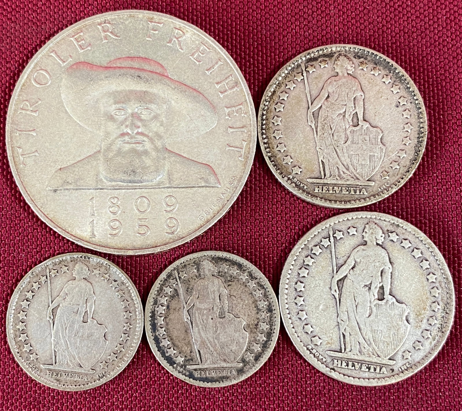 Assorted Foreign Silver Coins - Helvetias (1903 & 1928 1/2 Fr. & 1910 & 1913 1 Fr.), 1959 Austrian (1 of 3)