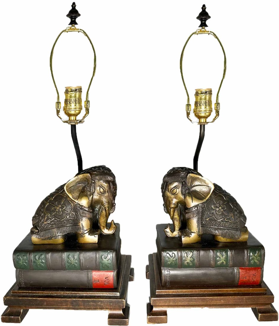 Vintage Cast Bronze Elephant Book Stack Table Lamps by Frederick Cooper - a Pair: Add a bit of whimsy to your executive desktop with this pair of cast bronze elephant table lamps. DIMENSIONS Each: 7.5W × 9D × 21.5h in. to finial DELIVERY We are pleased to offer FREE Local Furnitu