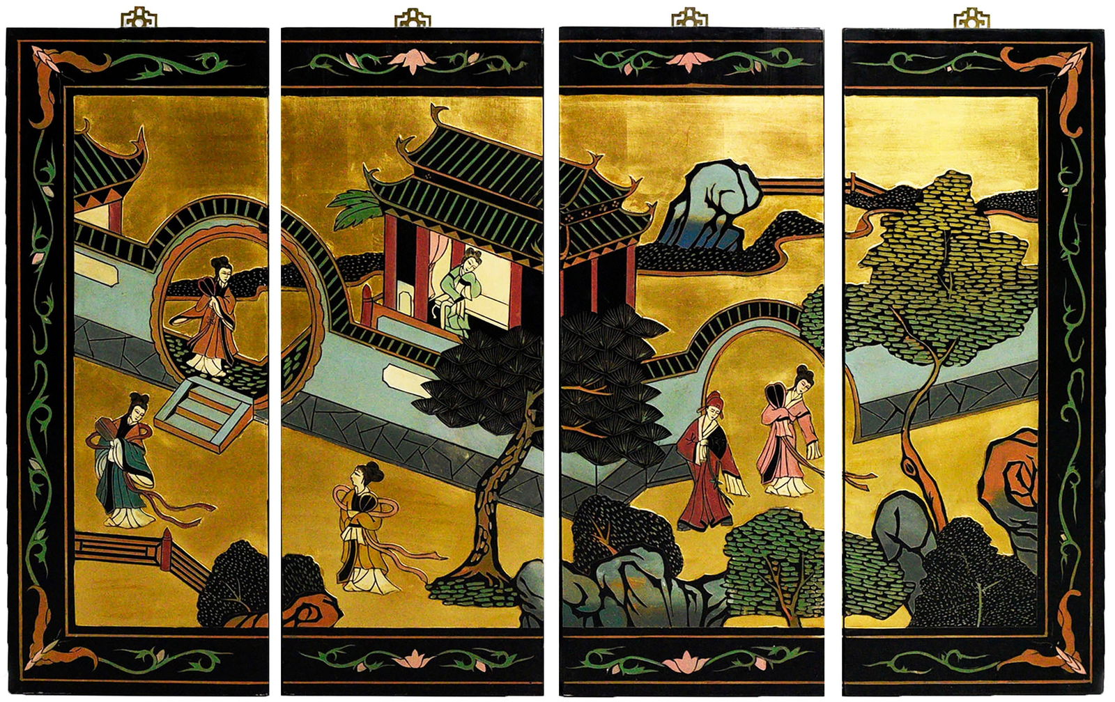 Vintage Japanese Byobu Four Panel Gold Leaf Geishas in Landscape Screen (1 of 12)
