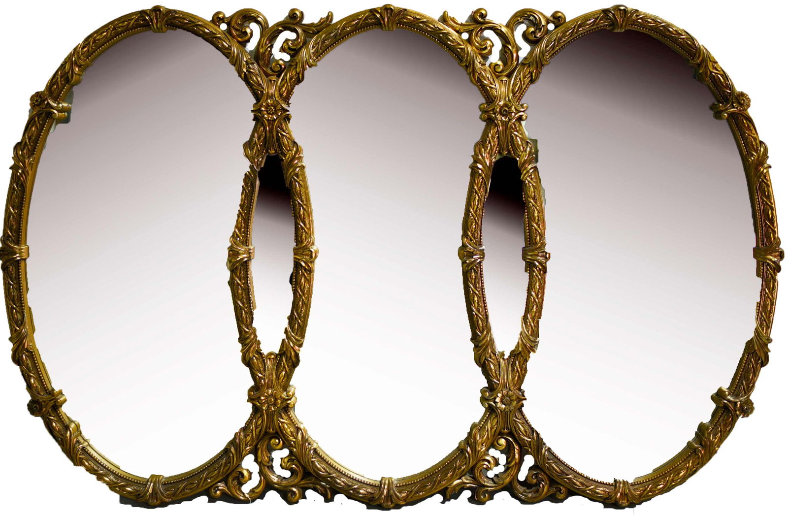 Mid-Century Triple Oval Interlocking Acanthus Decorated Gold Wall Mantle Mirror 43inches (1 of 12)