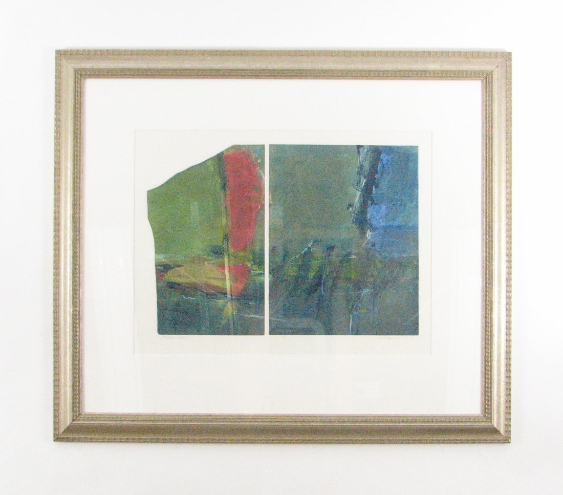 "Mountain Lake I" by Anne Raymond: This rare and beautiful 2-panel mono-print is signed, numbered and hand-titled by the artist. Anne Raymond's work is in the permanent collections of major museums including the Museum of Fine Arts, Bo