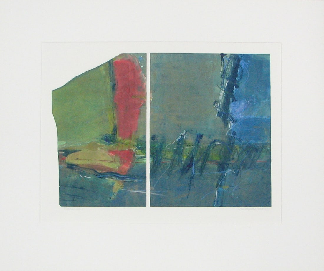 "Mountain Lake I" by Anne Raymond: This rare and beautiful 2-panel mono-print is signed, numbered and hand-titled by the artist. Anne Raymond's work is in the permanent collections of major museums including the Museum of Fine Arts, Bo