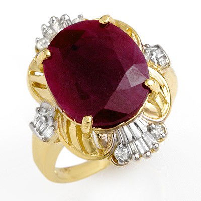 Certified 6.70ct Ruby & Diamond Ladies Ring Yellow Gold: Lot no.: 90289 VINTAGE STYLE 6.70 ctw RUBY & BAGUETTE DIAMOND RING SET IN 10KT YELLOW GOLD GEMSTONE: 1 OVAL CUT RUBY 6.45ctw DIAMOND: 4 ROUND & 12 BGT 0.25 ctw CLARITY: SI-I COLOR: G-I GOLD: APPROXIMA