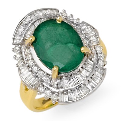 Genuine 5.95 ctw Emerald & Diamond Ring 14K Yellow Gold: Diamond: 26 RD & BGT cut @ 1.25 ctw Clarity: SI-I Color: H-KGemstone: Natural EmeraldGemstone color: GreenGemstone quality: Good-to-Very GoodGemstone Cut & Weight: 1 Oval cut @ 4.70 ctwMetal Purity & 