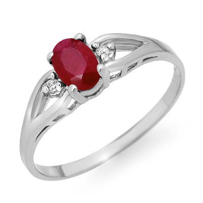 Genuine 0.77 ctw Ruby & Diamond Ring 10K White Gold: Diamond: 2 Round cut @ 0.02 ctw Clarity: SI-I Color: H-KGemstone: Natural RubyGemstone color: RedGemstone quality: Good-to-Very GoodGemstone Cut & Weight: 1 Oval cut @ 0.75 ctwMetal Purity & Color : 1