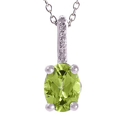 GENUINE 1.54 ctw DIAMOND and PERIDOT PENDANT 14K WHITE: Diamond count: 7 Round cut Diamond weight: 0.04 CT Diamond Color & Clarity: I/ SI1-SI2Gemstone count: 1 Oval cut PERIDOT @ 1.5 CT Gemstone quality: AA Metal: 14K WHITE GOLD Approx. 1.75 grams Dimensio