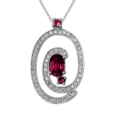 GENUINE 0.75 ctw DIAMOND and RUBY PENDANT 14K WHITE GO: Diamond count: 57 Round cut Diamond weight: 0.25 CT Diamond Color & Clarity: I/ SI1-SI2Gemstone count: 3 Oval/ RD cut RUBY @ 0.5 CT Gemstone quality: AA Metal: 14K WHITE GOLD Approx. 2.2 grams Dimensi