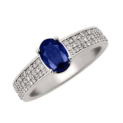 GENUINE 1.35 ctw DIAMOND and BLUE SAPPHIRE RING 14K WHI: Diamond count: 66 Round cut Diamond weight: 0.35 CT Diamond Color & Clarity: I/ SI1-SI2Gemstone count: 1 Oval cut BLUE SAPPHIRE@ 1 CT Gemstone quality: AA Metal: 14K WHITE GOLD Approx. 3.4 grams Dimen