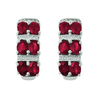 GENUINE 3.24 ctw DIAMOND and RUBY EARRINGS 14K WHITE GO: Diamond count: 46 Round cut Diamond weight: 0.24 CT Diamond Color & Clarity: I/ SI1-SI2Gemstone count: 12 Oval cut RUBY @ 3 CT Gemstone quality: AA Metal: 14K WHITE GOLD Approx. 5.1 grams Dimension: A