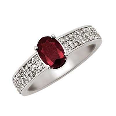 GENUINE 1.35 ctw DIAMOND and RUBY RING 14K WHITE GOLD: Diamond count: 66 Round cut Diamond weight: 0.35 CT Diamond Color & Clarity: I/ SI1-SI2Gemstone count: 1 Oval cut RUBY @ 1 CT Gemstone quality: AA Metal: 14K WHITE GOLD Approx. 3.4 grams Dimension: Ap
