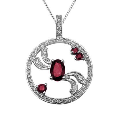 GENUINE 0.75 ctw DIAMOND and RUBY PENDANT 14K WHITE GO: Diamond count: 50 Round cut Diamond weight: 0.25 CT Diamond Color & Clarity: I/ SI1-SI2Gemstone count: 3 Oval/ RD cut RUBY @ 0.5 CT Gemstone quality: AA Metal: 14K WHITE GOLD Approx. 2.4 grams Dimensi