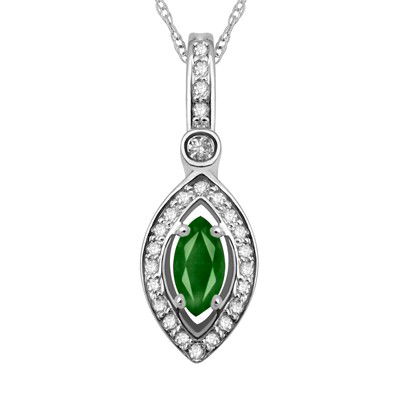 GENUINE 0.55 ctw DIAMOND and EMERALD PENDANT 14K WHITE: Diamond count: 24 Round cut Diamond weight: 0.25 CT Diamond Color & Clarity: I/ SI1-SI2Gemstone count: 1 Marquise cut EMERALD @ 0.3 CT Gemstone quality: AA Metal: 14K WHITE GOLD Approx. 1.8 grams Dime