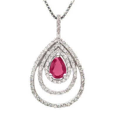 GENUINE 1.47 ctw DIAMOND and RUBY PENDANT 14K WHITE GO: Diamond count: 93 Round cut Diamond weight: 0.47 CT Diamond Color & Clarity: I/ SI1-SI2Gemstone count: 1 Pear cut RUBY @ 1 CT Gemstone quality: AA Metal: 14K WHITE GOLD Approx. 4.3 grams Dimension: Ap