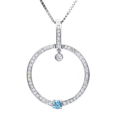 GENUINE 0.36 ctw DIAMOND and BLUE TOPAZ PENDANT 14K WHI: Diamond count: 52 Round cut Diamond weight: 0.26 CT Diamond Color & Clarity: I/ SI1-SI2Gemstone count: 1 Round cut BLUE TOPAZ@ 0.1 CT Gemstone quality: AA Metal: 14K WHITE GOLD Approx. 2 grams Dimensi