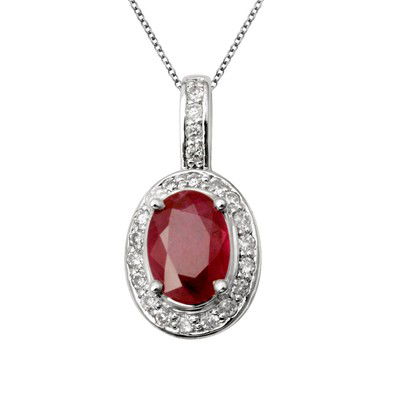 GENUINE 1.12 ctw DIAMOND and RUBY PENDANT 14K WHITE GO: Diamond count: 22 Round cut Diamond weight: 0.12 CT Diamond Color & Clarity: I/ SI1-SI2Gemstone count: 1 Oval cut RUBY @ 1 CT Gemstone quality: AA Metal: 14K WHITE GOLD Approx. 1.7 grams Dimension: Ap