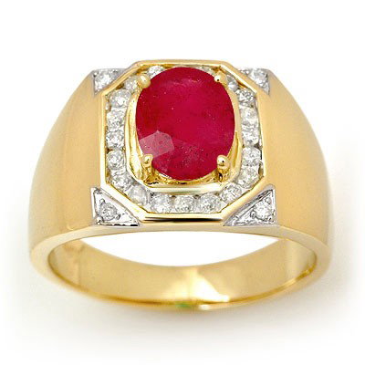 Genuine 3.60 ctw Ruby & Diamond Men's Ring 14K Gold: Diamond: 23 Round cut @ 0.60 ctw Clarity: SI-I Color: H-KGemstone: Natural RubyGemstone color: RedGemstone quality: Good-to-Very GoodGemstone Cut & Weight: 1 Oval cut @ 3.0 ctwMetal Purity & Color : 1